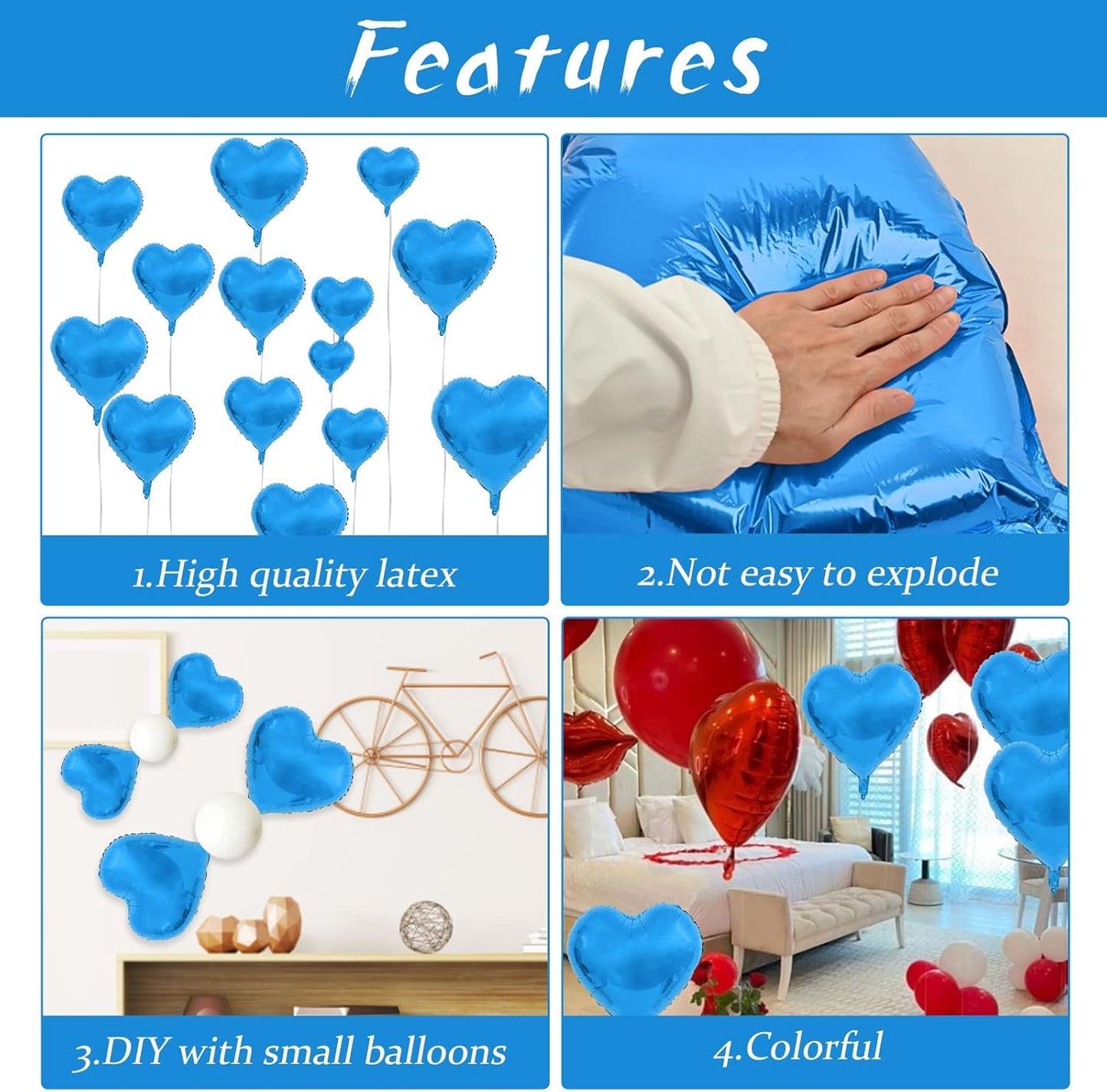 Blue Foil Heart Balloons, 10PCS 18inch Love Shape for Helium Birthday Party Decorations, Boys Men, Baby Shower, Valentines, Wedding, Anniversary