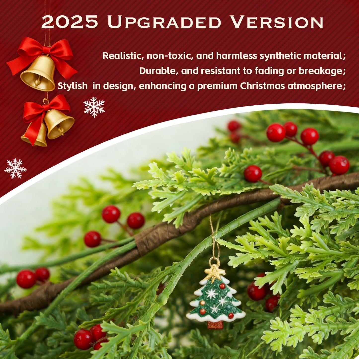 9ft Christmas Cedar Garland Artificial Realistic, Real Touch Greenery Garlands for Decoration, 2025 New Pine Garland for Mantle Table Fireplace Stairs Outdoor Indoor Christmas Decorations