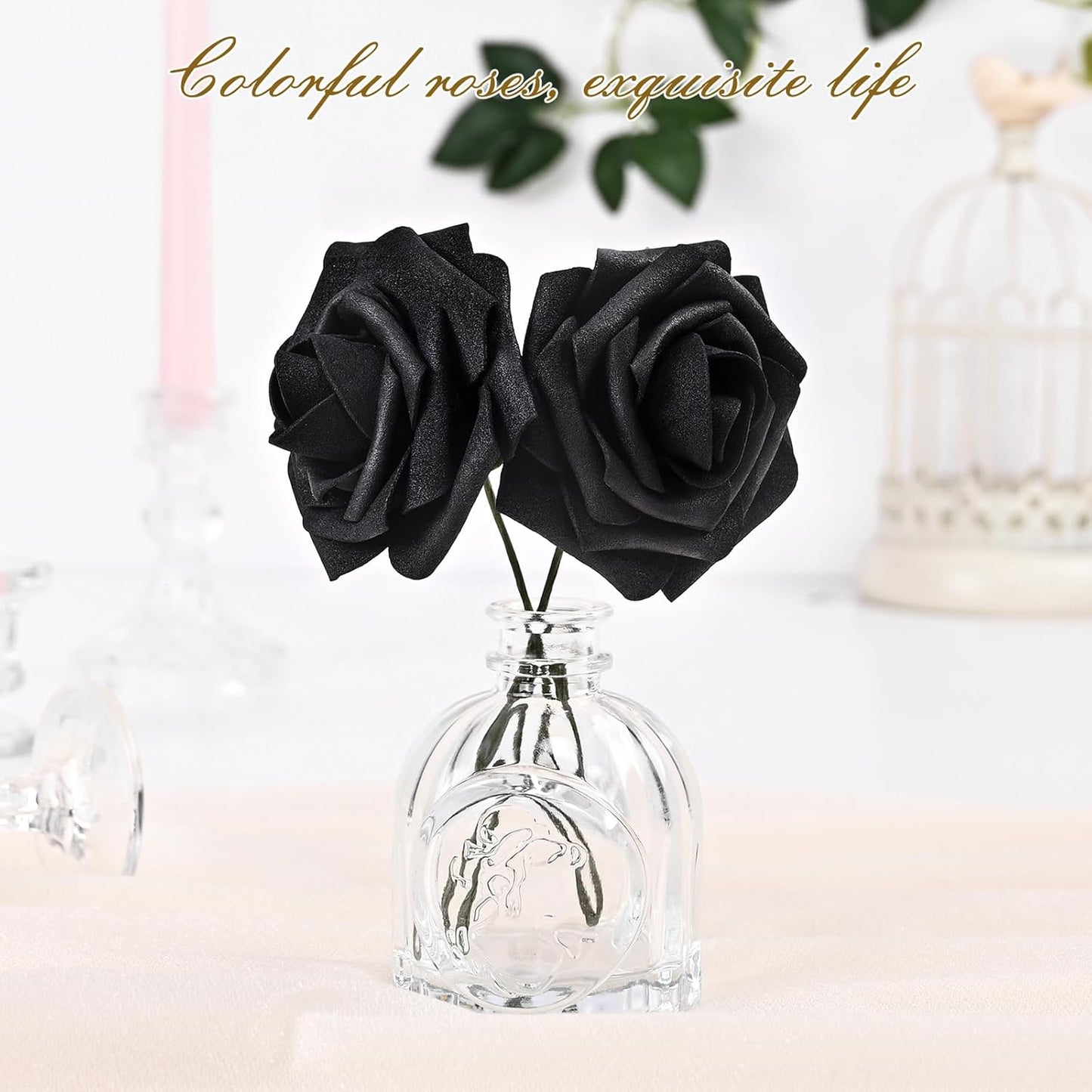 BLEUM CADE 36Pcs Artificial Flowers Fake Roses with Stems, Black Boxed Foam Roses for DIY Bouquets Centerpieces Wedding Party Arrangement Bridal Shower Decor
