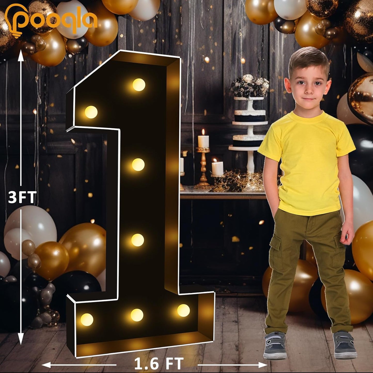Pooqla 3FT Marquee Light Up Numbers, Black Lighted Party Decor for her him Women Men, Giant Mosaic Light Up Numbers for 1st 16th 21st Birthday Anniversary Decoration, Number 1