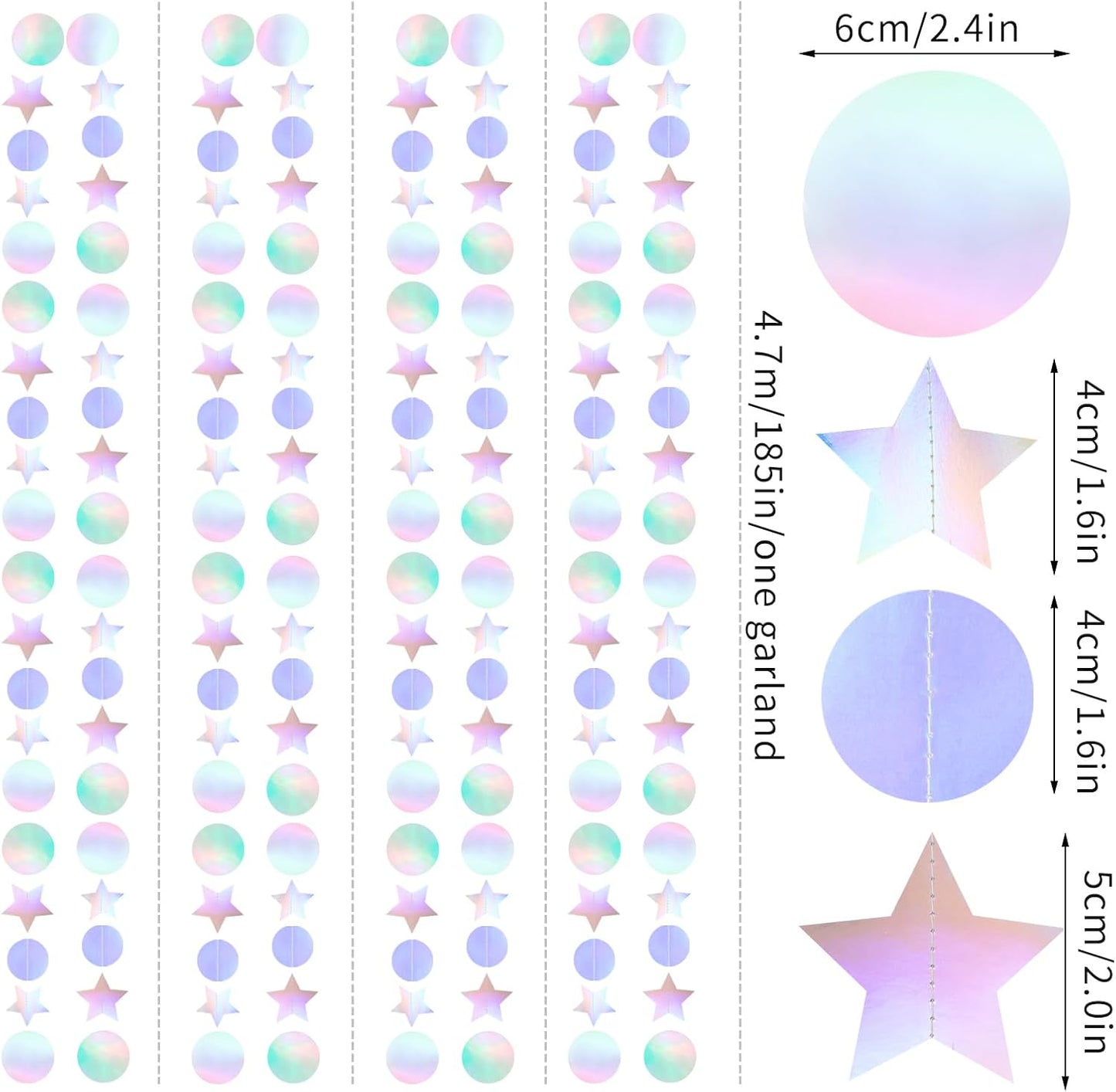 Iridescent Disco-Holographic Birthday Party-Decorations Garland - 52Ft Star Neon Wedding Hanging Paper Streamers Banner,Christmas Bachelorette Baby Bridal Shower Engagement Decor Ouruola