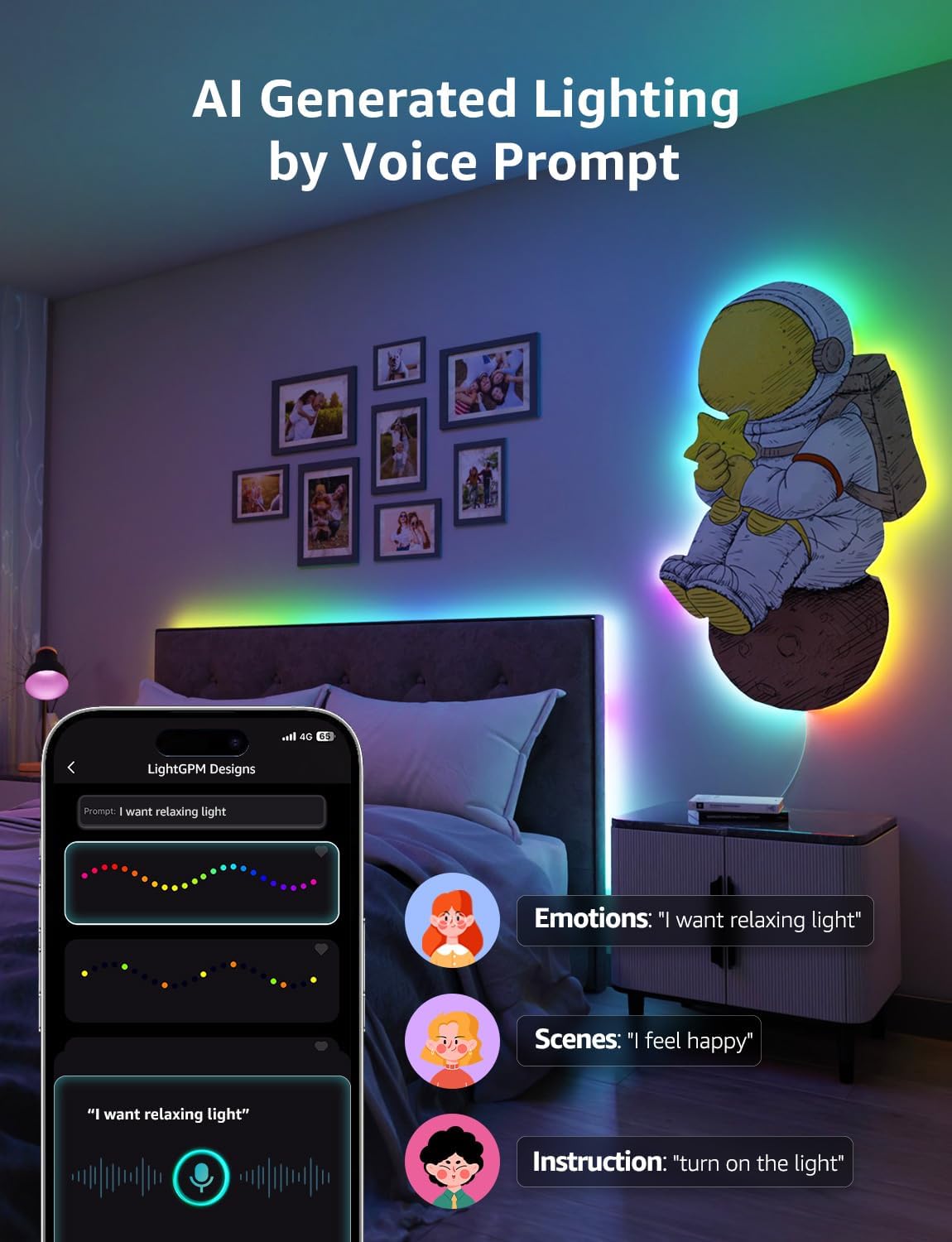 Lepro S1 AI LED Strip Lights for Bedroom - 50ft Smart RGB Light Strips with IC and Rainbow Chasing Effects, Color Segment DIY, AI Generated Lighting, No Remote, 2.4G Wi-Fi & Bluetooth