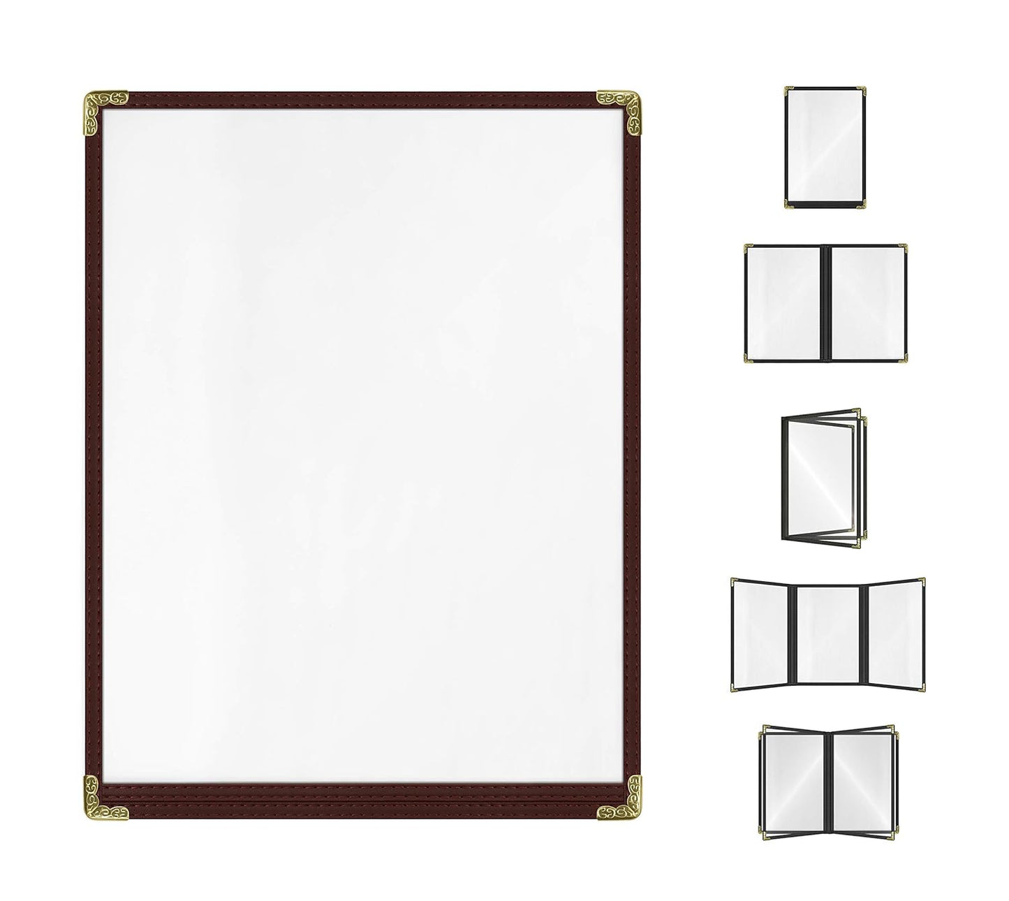 Brown, 25 Pack,1 Page / 2 Views - 8.5" x 11", Cafe Style Menu Cover, Top-Loading Double Stitched Edge, Crystal Clear Vinyl Menu Holder with Gold Decorative Corners