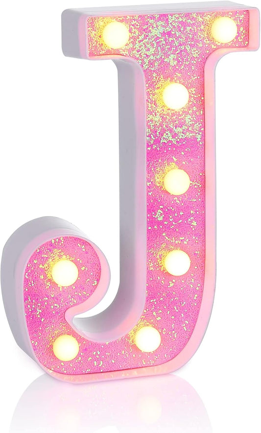 Foaky Pink Light up Letters，Pink Party Decorations,Girls Room Decor,Glitter Light Up Letters,Alphabet Letter Sign for Night Light Birthday Party Girls Gifts, Home Bar Decoration（J）