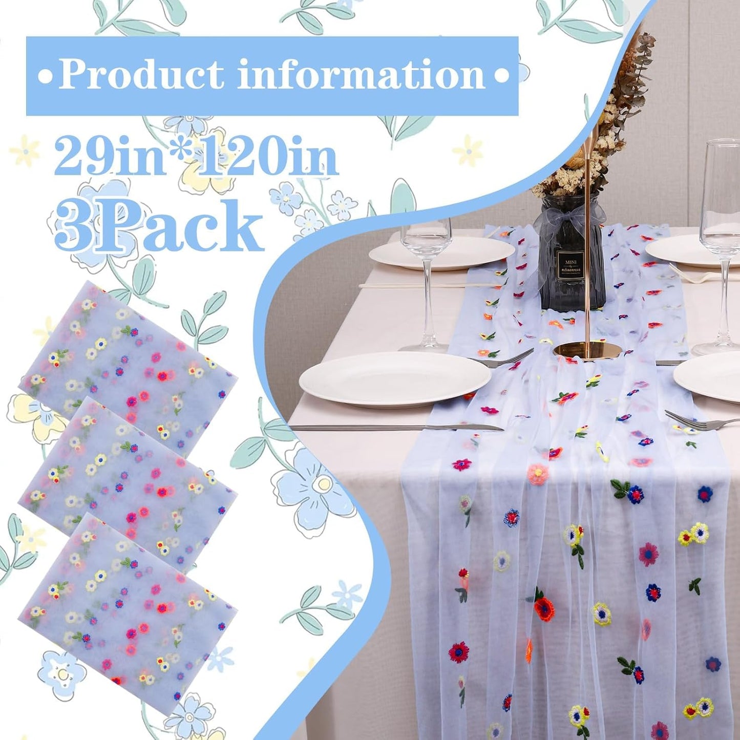3PCS Blue Floral Table Runner 10 FT, Embroidery Daisy Table Runners Seasonal Sheer Tulle Table Runner for Thanksgiving Wedding Birthday Baby Shower Party ﻿
