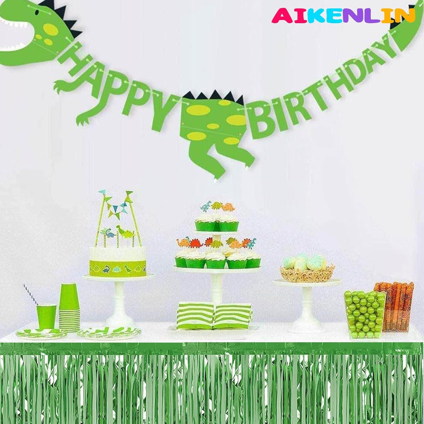 6 Pack 29x108 Inch Metallic Foil Fringe Tinsel Table Skirts Banner for Rectangle Tables Streamer Curtains Backdrop for Wedding, Birthday, Parade Floats, St Patrick Day Party Decoration(Light Green)