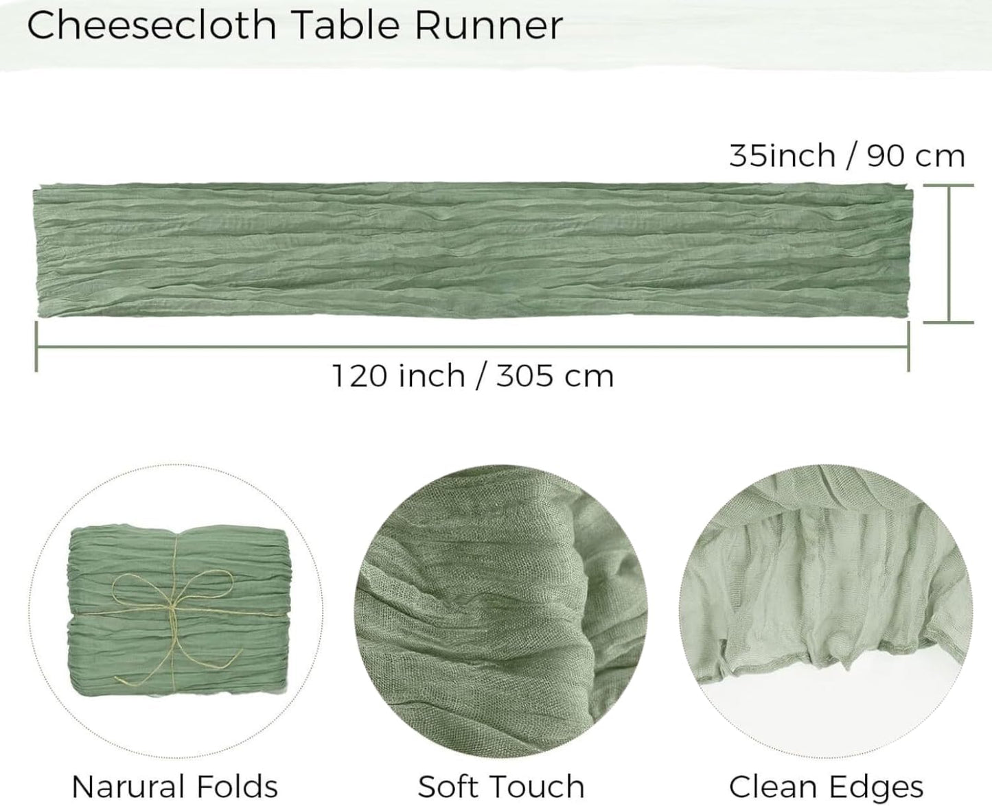 6Pcs Sage Green Cheesecloth Table Runner 120 Inch Green Cheesecloth Table Runner10FT Sage Table Runner Boho CheeseClothTable Runner forWedding Party Baby Shower Birthday Home Decor Holiday Decorations