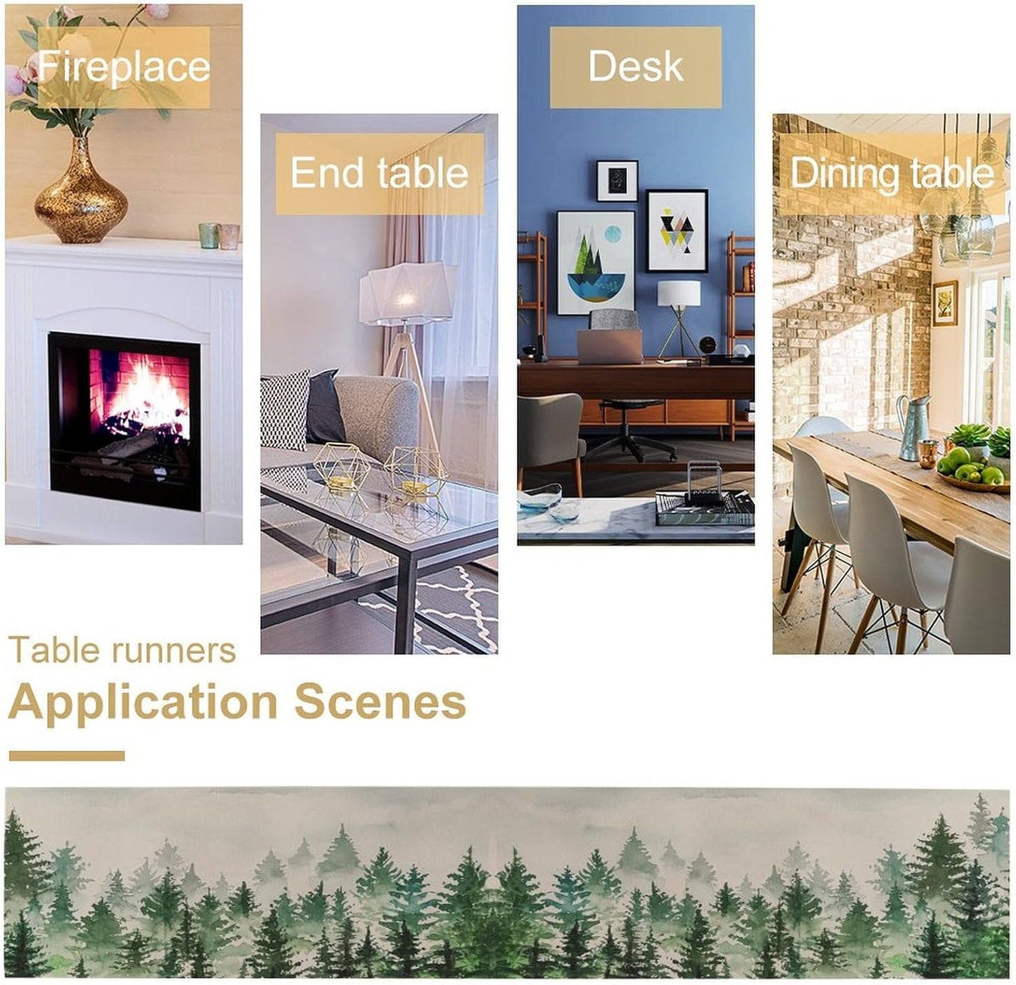 Foggy Forest Table Runner,Green Forest Natural Landscape Table Runner for Kitchen Dining Table Home Party Decoration 13x36 Inch