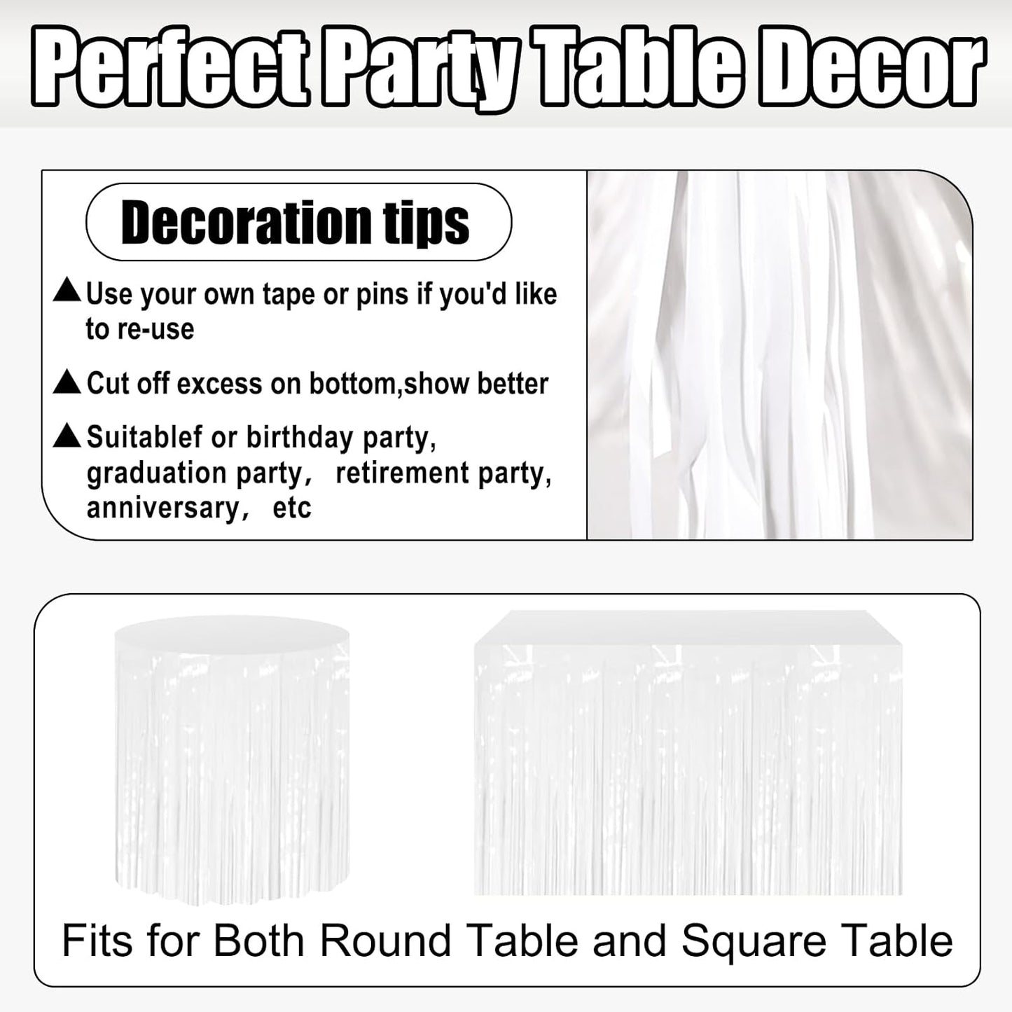 3 Pack 29x108 Inch Macaron White Foil Fringe Table Skirts Metallic Banner for Tinsel Streamer Garland Backdrop for Parade Floats Wedding Thanksgiving Birthday Christmas Halloween Party Decoration