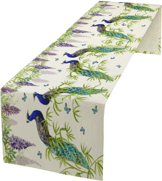 Peacock Table Runner,Spring Plant Butterfly Print Seasonal Table Runner for Home Kitchen Dining Party Indoor Outdoor Decoration 13x120 Inch