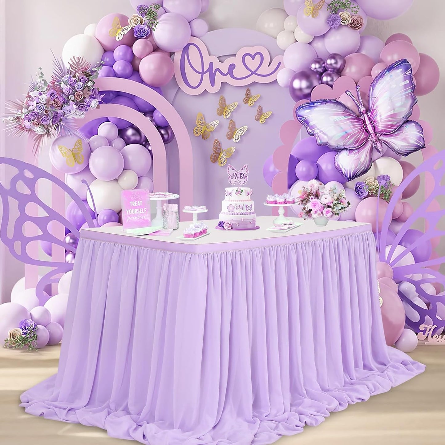 QueenDream 14ft Lavender Chiffon Table Skirt Purple Sheer Tablecloth for Rectangle Tables for Baby Shower Birthday Party Decorations