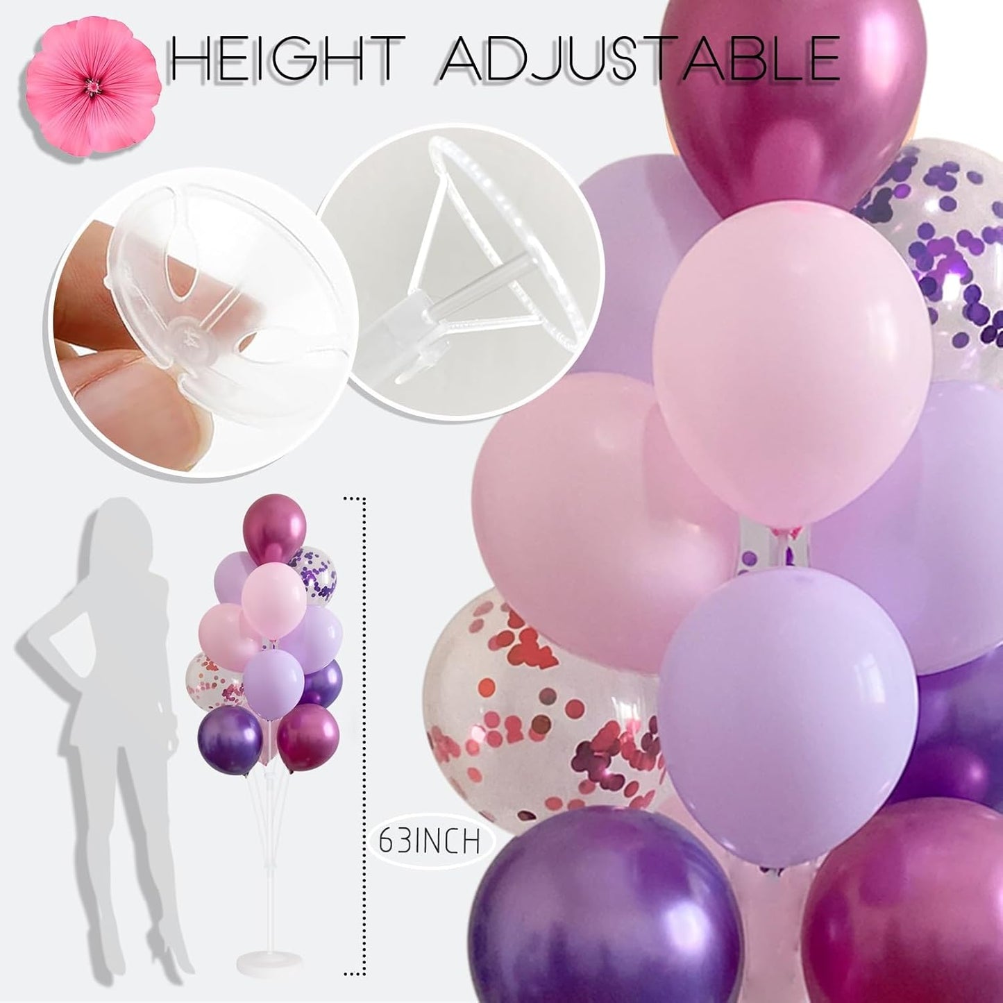 Balloon Column Stand Kit,Set of 2 Pink Purple Balloons Metallic&Confetti,Adjustable Balloon Sticks Holder with Base,Design for Unisex Adults&Children Birthday, Wedding, Baby Shower, Graduation Party