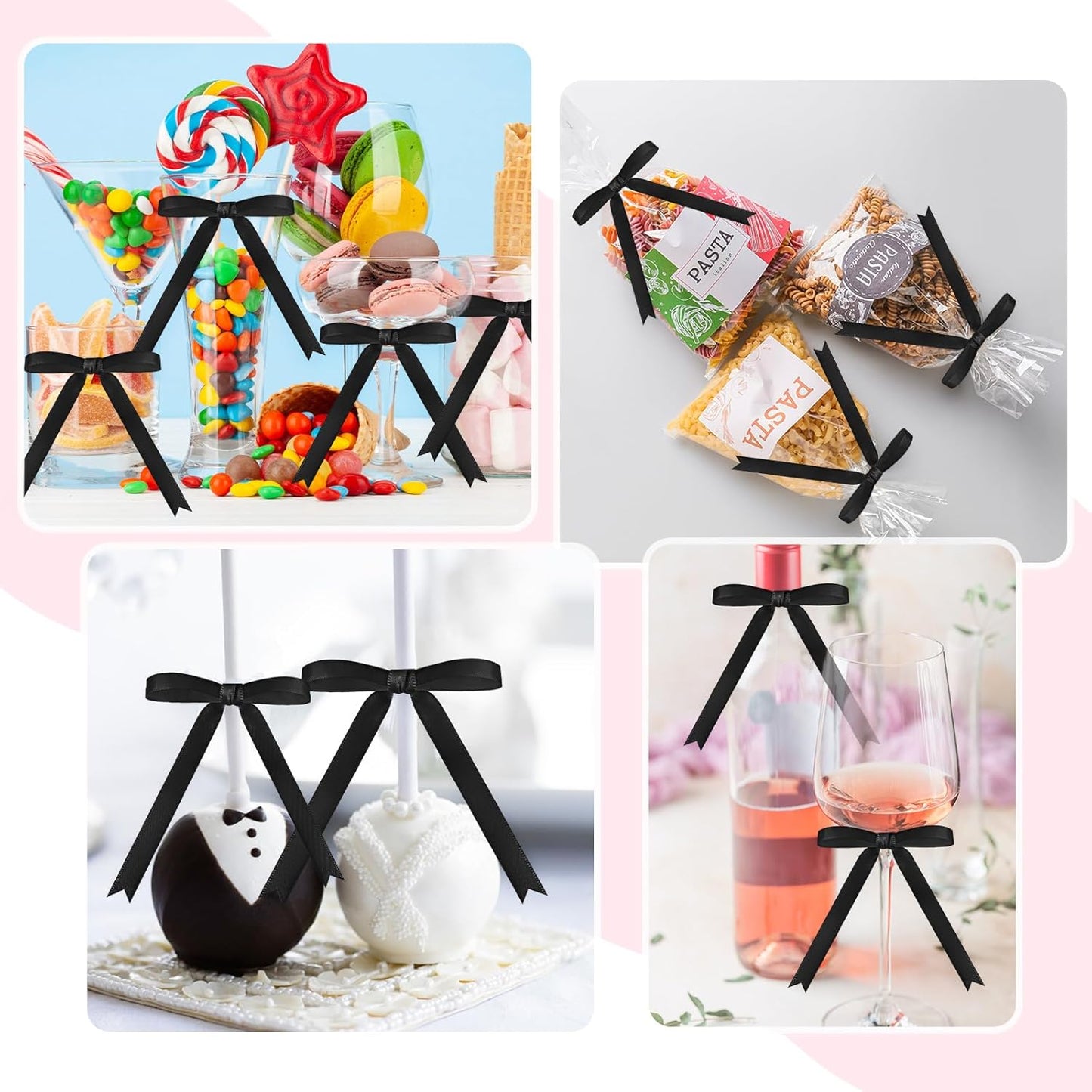 Riceshoot 50 Pcs Twist Tie Bows for Cake 3x4.5 Inch Satin Ribbon Bows for Gift Wrapping Treat Bags Craft DIY Wedding Baby Shower Birthday Party(Black)