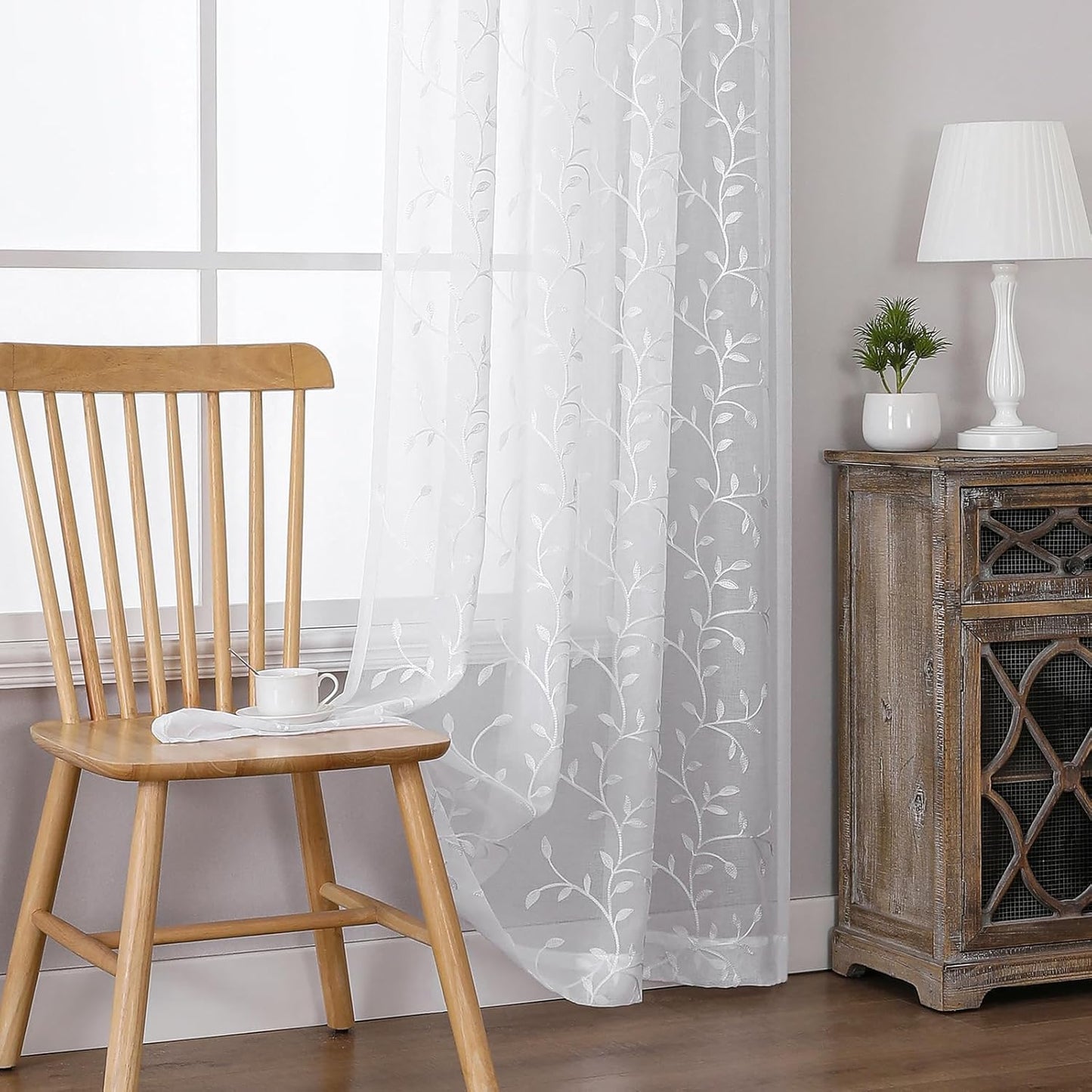 VISIONTEX White Sheer Voile Curtains, Decorative Leaves Embroidery Faux Linen Rod Pocket Window Drapes for Home Kitchen, Living Room and Bedroom 54 x 95 Inch, Set of 2 Curtain Panels