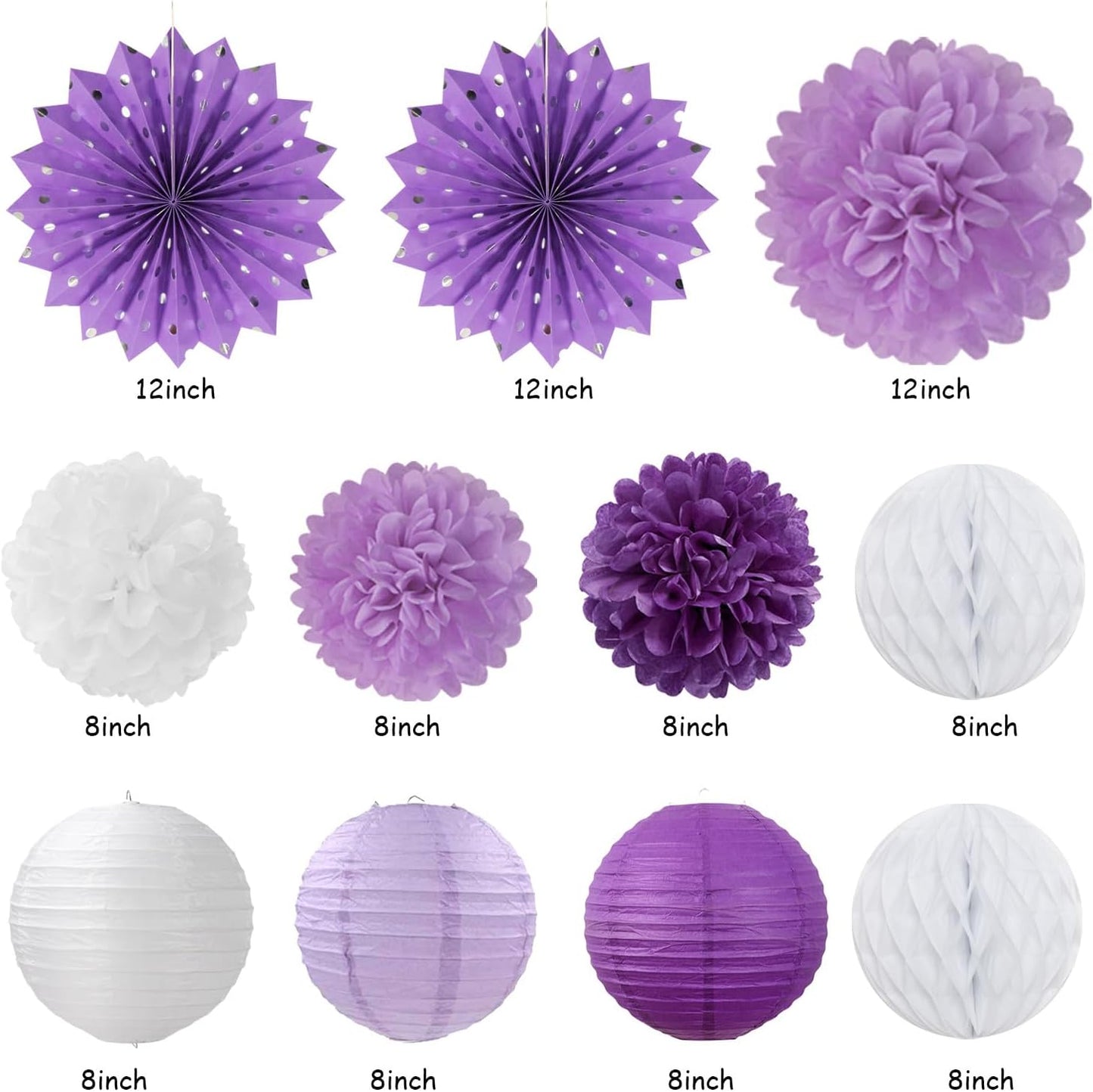 Purple Lilac-Lavender White Women Birthday Party-Decorations - 21pcs Happy Banner,Paper Lanterns,Tissue Pom Poms Flower Fan,Honeycomb Ball,Hanging Streamers Garland, Girls Decor Supplies Huglony