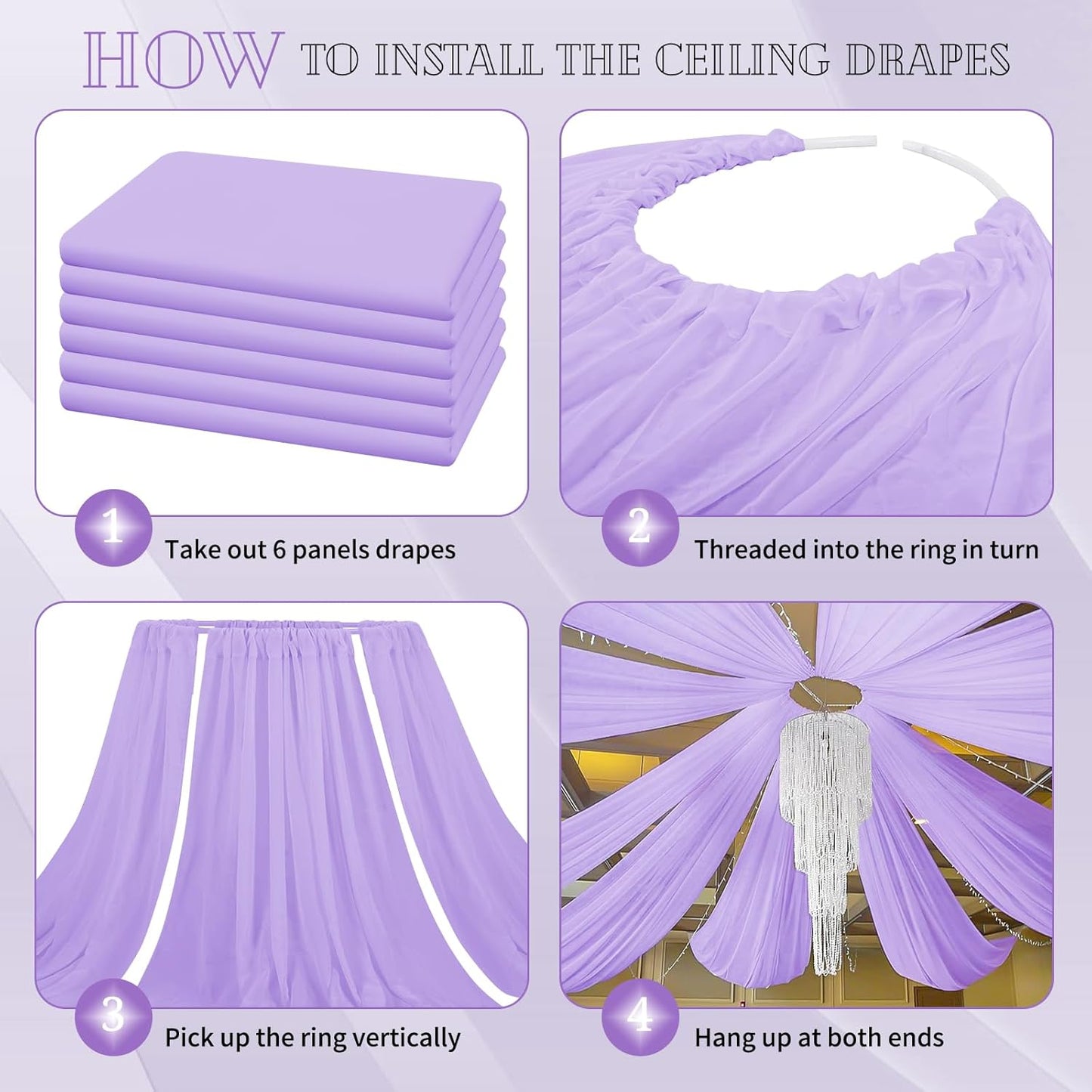 6 Panels Lavender Ceiling Drapes for Wedding 5ftx30ft Chiffon Fabric Arch Draping Curtains Sheer Drapery for Party Ceremony Birthday Baby Shower Reception Stage Swag Ceiling Decorations