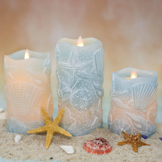 Silverstro Ocean Flameless Candles Remote Carved Seashell Real Wax Flicker Battery Operated Candles for Home Party Wedding Nautical Thanksgiving Christmas Easter Decor - Set of 3(Blue)