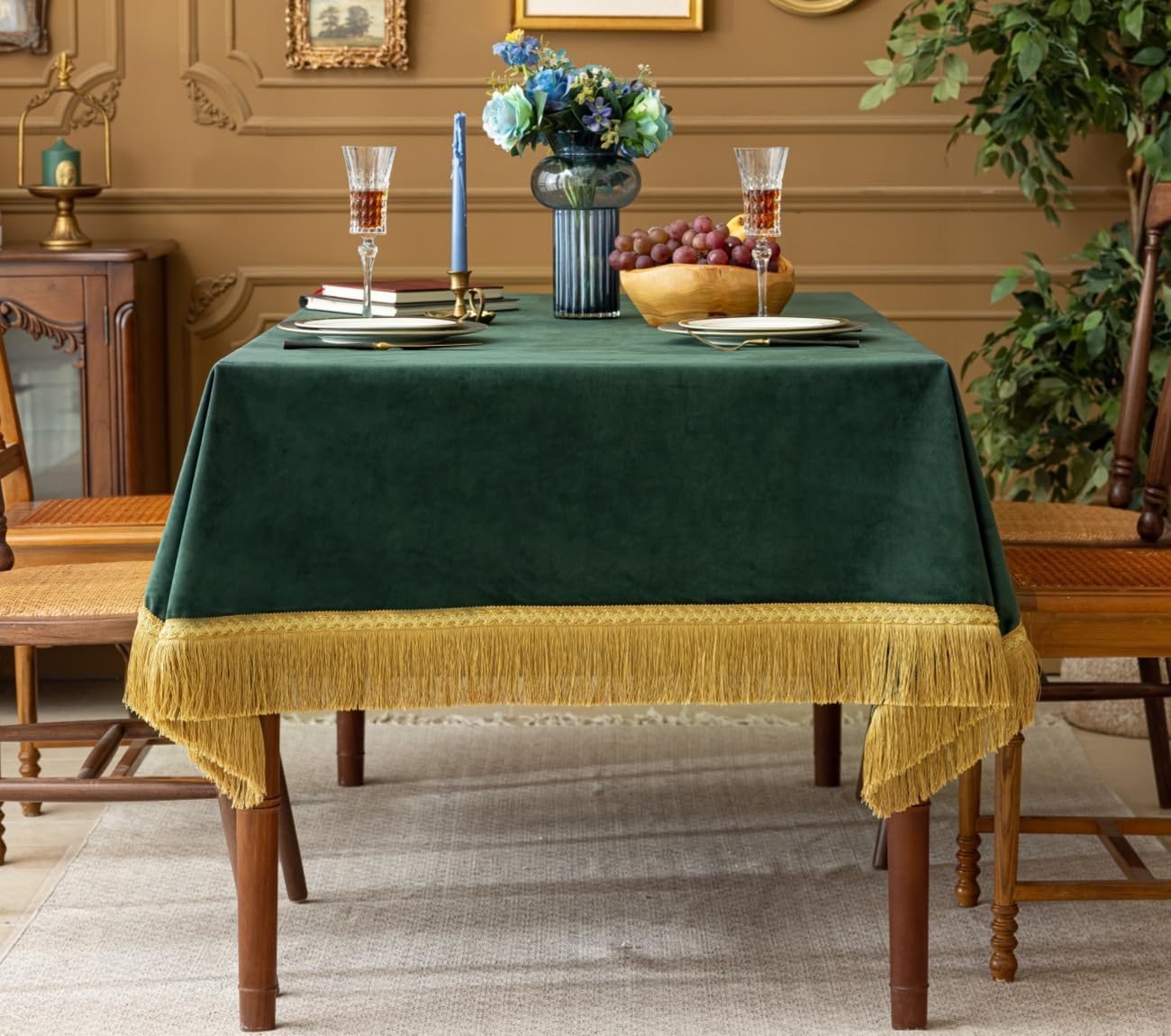 F-CHU Luxury Dark Green Tablecloth Thickset Velvet Tablecloth with Beautiful Gold Tassels Vintage Table Cloth for Home Decor Wedding, Party, Banquet and Events 67x120-Inch