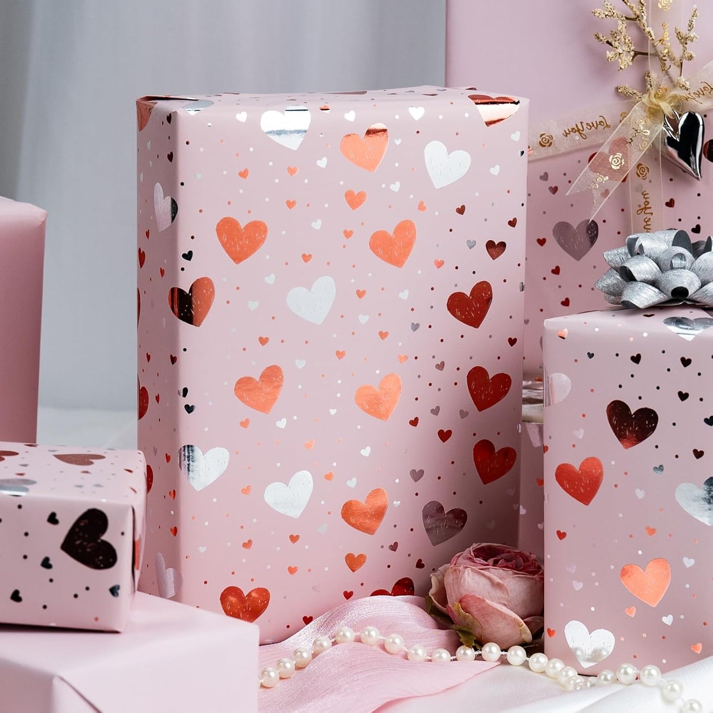 Burymento Gold Foil Heart Wrapping Paper, Reversible Pink Gift Wrap for Birthday, Valentines, Mothers day, Graduation, Wedding, Fathers day, Baby Shower, Christmas (17in x 32.8ft)