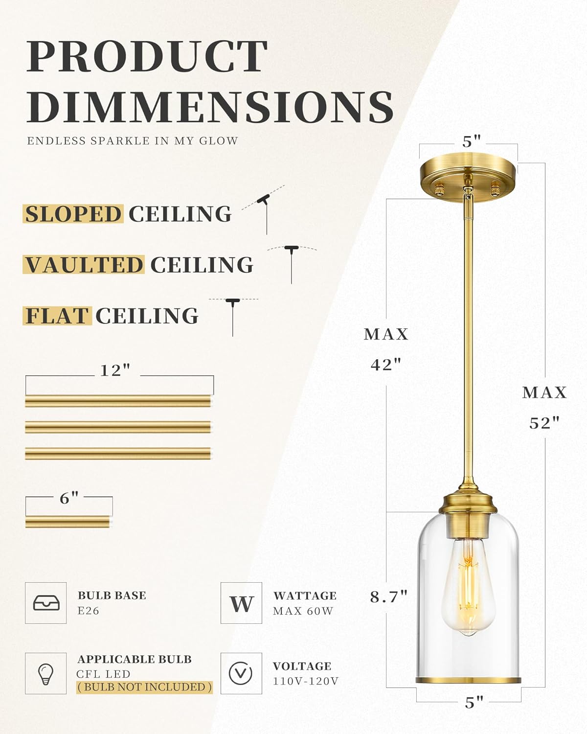 LIROUVET 2 Pack Pendant Lights, Vintage Hanging Lights, Brushed Gold Pendant Lights Kitchen Island with Clear Glass, Pendant Lighting for Dining Room PL02 CLBG-2PK