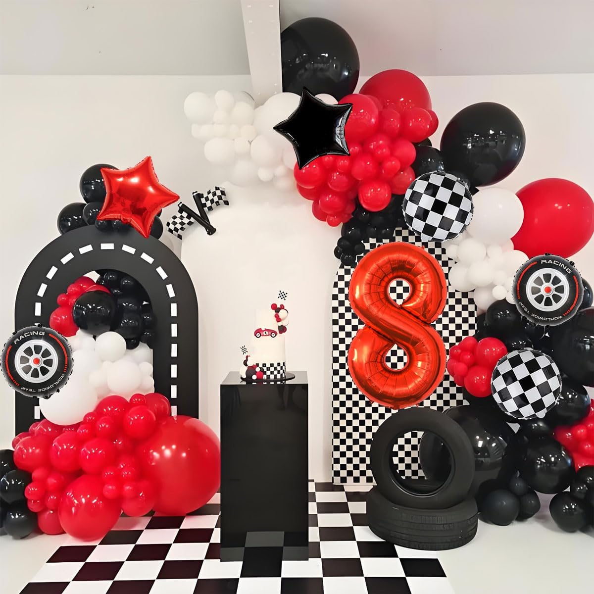 Race Car Birthday Decorations - 40 Inch Mylar Red Number 8 Balloons - Black Foil Checkered Race Car Balloons for 8st Birthday Race Cars Themed Party Decorations Supplies