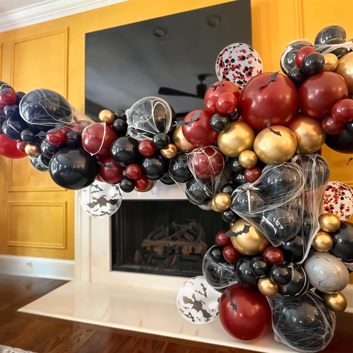 Black Burgundy Balloons, 52 PCS Burgundy Gold Balloons, 12 Inch Red Black Latex Balloon with Confetti Bat Printed Balloon for Kids Party Decorations