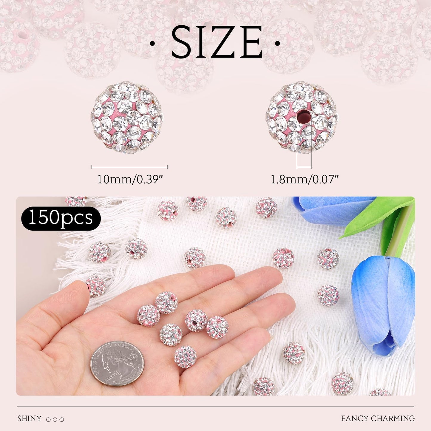 150pcs 10mm Rhinestone Beads for Jewelry Making, Pink White Shiny Round Shamballa Disco Ball Beads Bulk, Sparkle Crystal Clay Christmas for Bracelet Baseball Necklace Earring Crafting and DIY