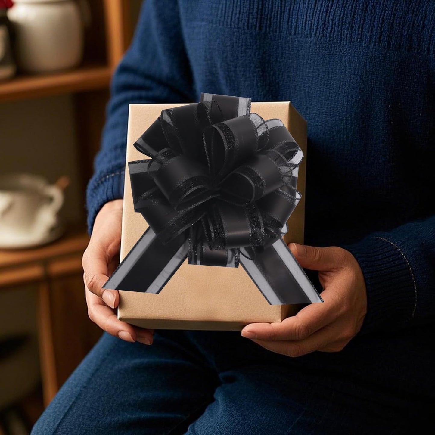 12 PCS 6 Inch Large Pull Organza Black Bows - Perfect for Gift Wrapping, Wedding Decor, Car Bows, Birthday Parties, Christmas and Valentine's Day