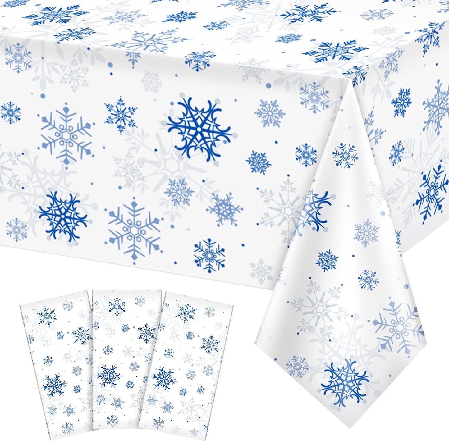 3 Pieces Snowflake Christmas Party Tablecloth Decorations,Plastic White Snowflake White Blue Xmas Backdrop Sign Table Cover Banner for Winter Christmas Holiday Party Supplies,54x108 inch（White/Blue）