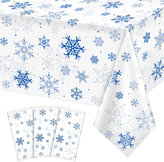 3 Pieces Snowflake Christmas Party Tablecloth Decorations,Plastic White Snowflake White Blue Xmas Backdrop Sign Table Cover Banner for Winter Christmas Holiday Party Supplies,54x108 inch（White/Blue）
