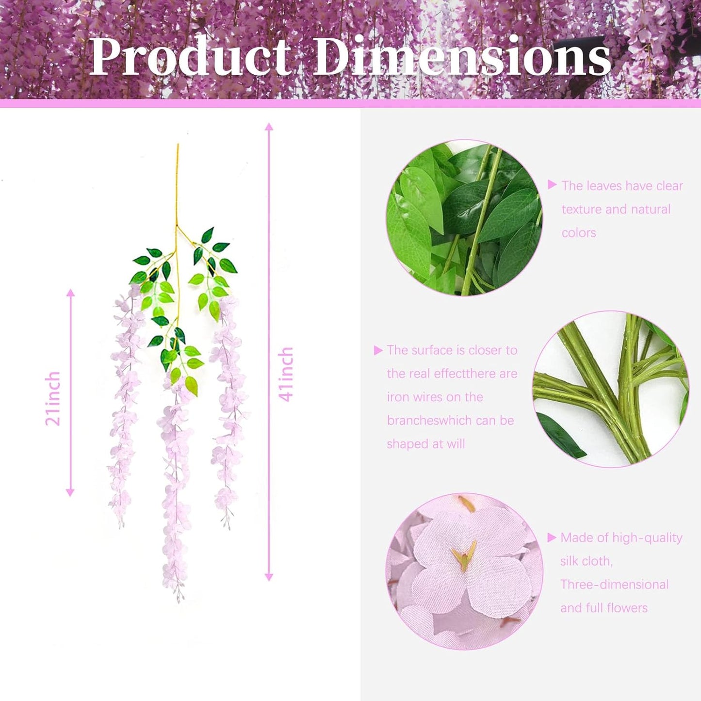 5 Pack Pink Wisteria Hanging Flowers, 3.44 Ft Fake Hanging Flowers, Artificial Wisteria Garland Vines for Wedding Room Backdrop Outdoor Patio Garden Decoration