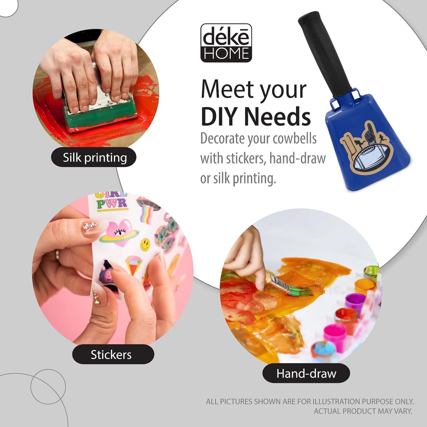 Deke Home - 2 Pack 7 Inch Steel Cowbells with Handle, Loud Noise Makers for Football, Sports, Parties, Competitions, School Spirit & Safety, Large Hand Bell for Cheering & Percussion Instrument