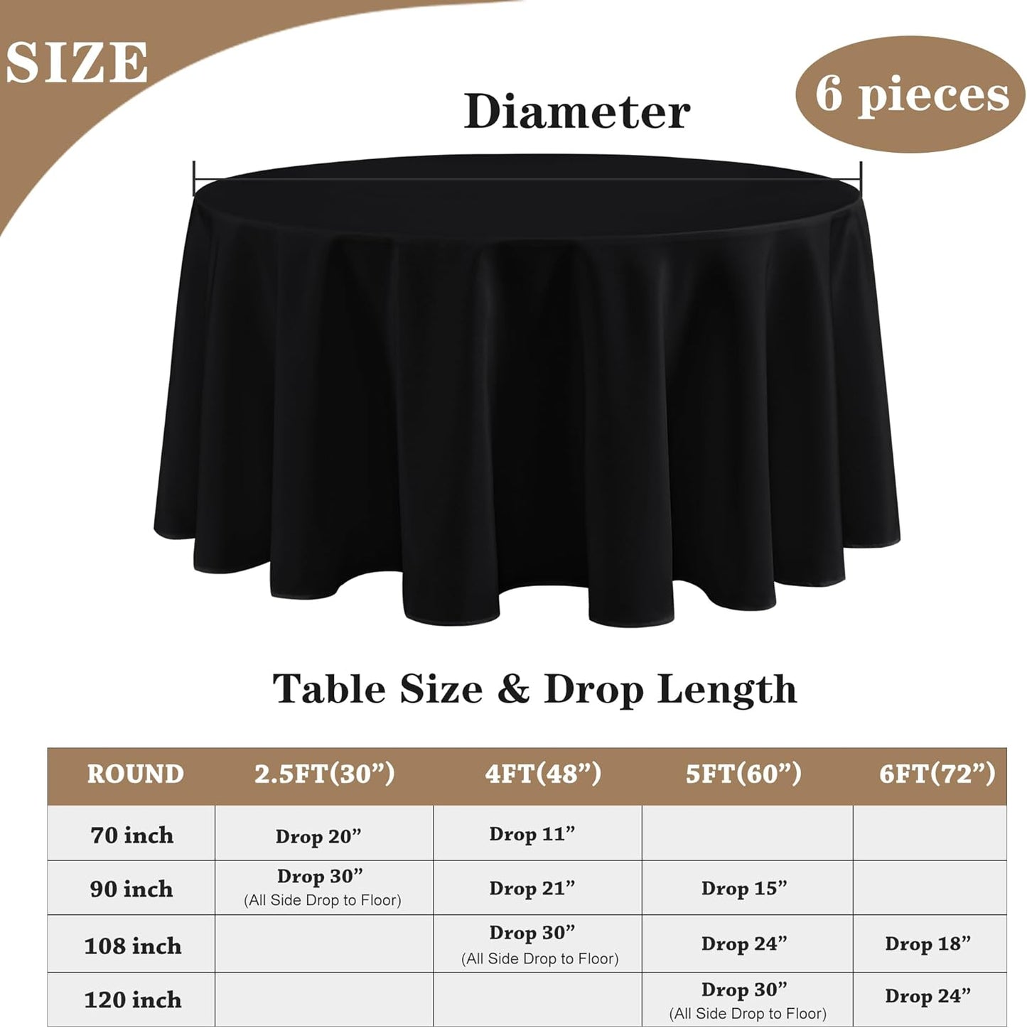 Fitable 6 Pack Black Round Table Clothes - 70 Inches in Diameter - Stain Resistant and Washable Tablecloths, Polyester Fabric Table Covers for Wedding, Party, Banquet, Gathering