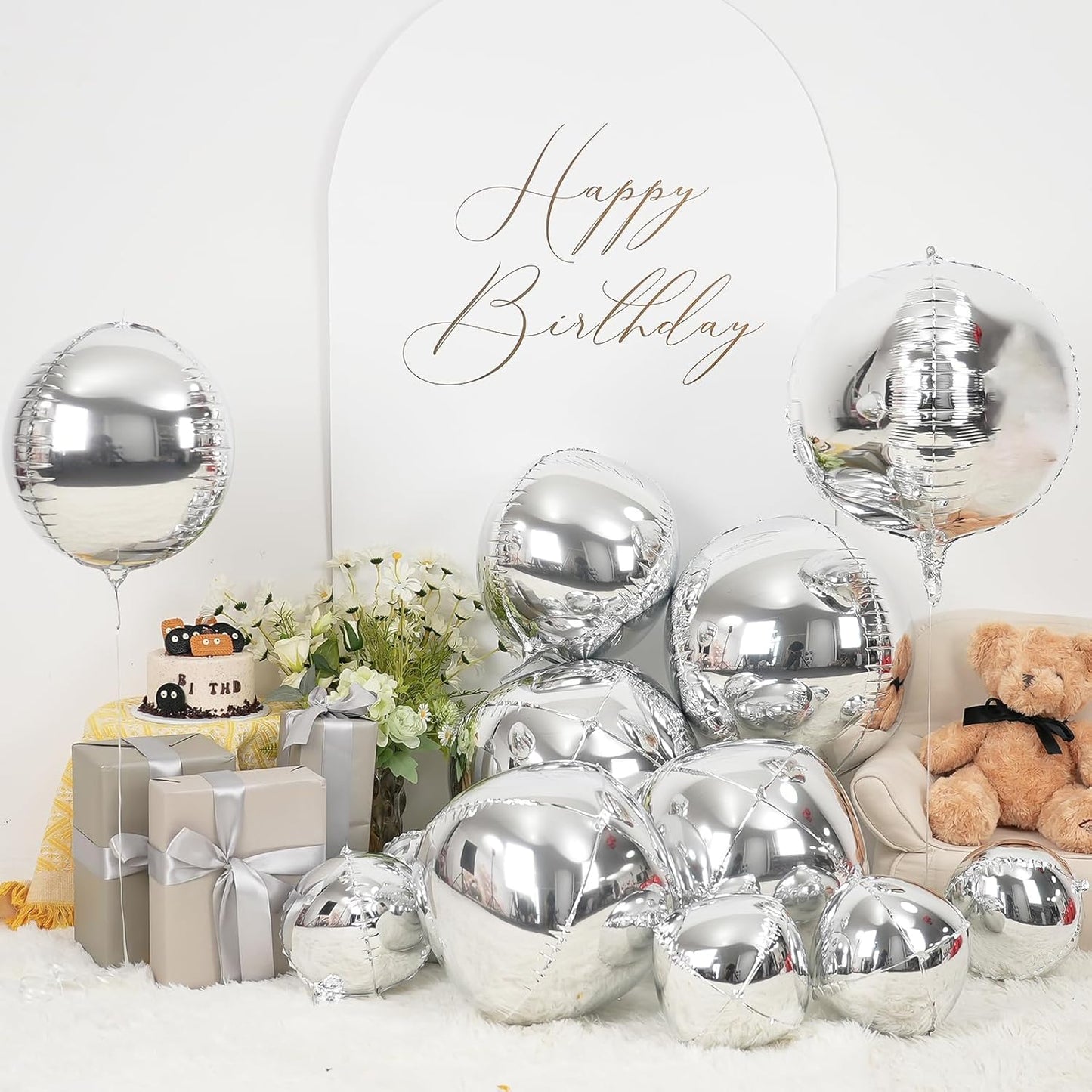 12Pcs Silver Round Foil Balloons, 22" 15" 10" 4D Ball Balloons, Metallic Silver Foil Balloon for Birthday Graduation Christmas New Year Eve Disco Party Backdrop Decorations