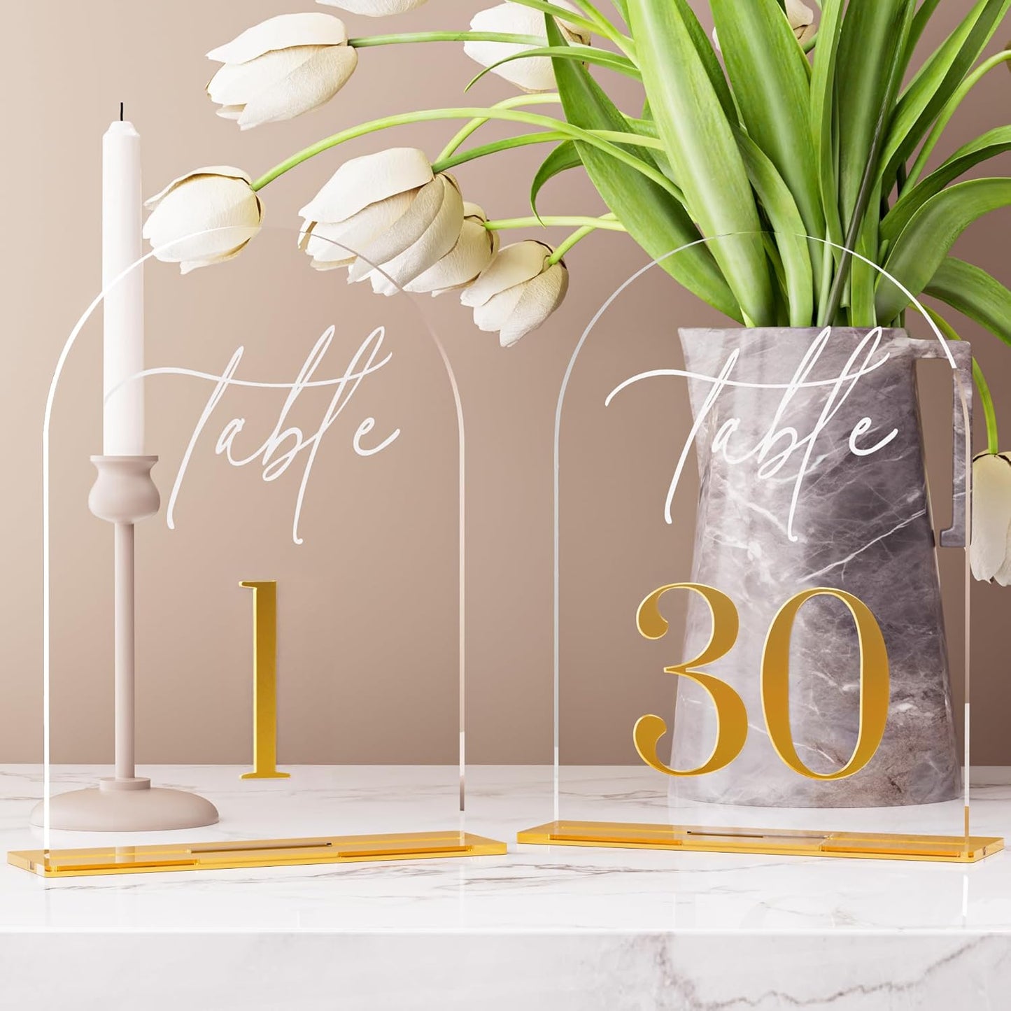 Arch Wedding Table Numbers 1-30 w/Stand, Gold 3D Table Numbers for Reception - 5.5" X 7" Elegant Acrylic Arch Sign with Holder, Perfect for Wedding, Anniversary, Banquet, and Event Decor