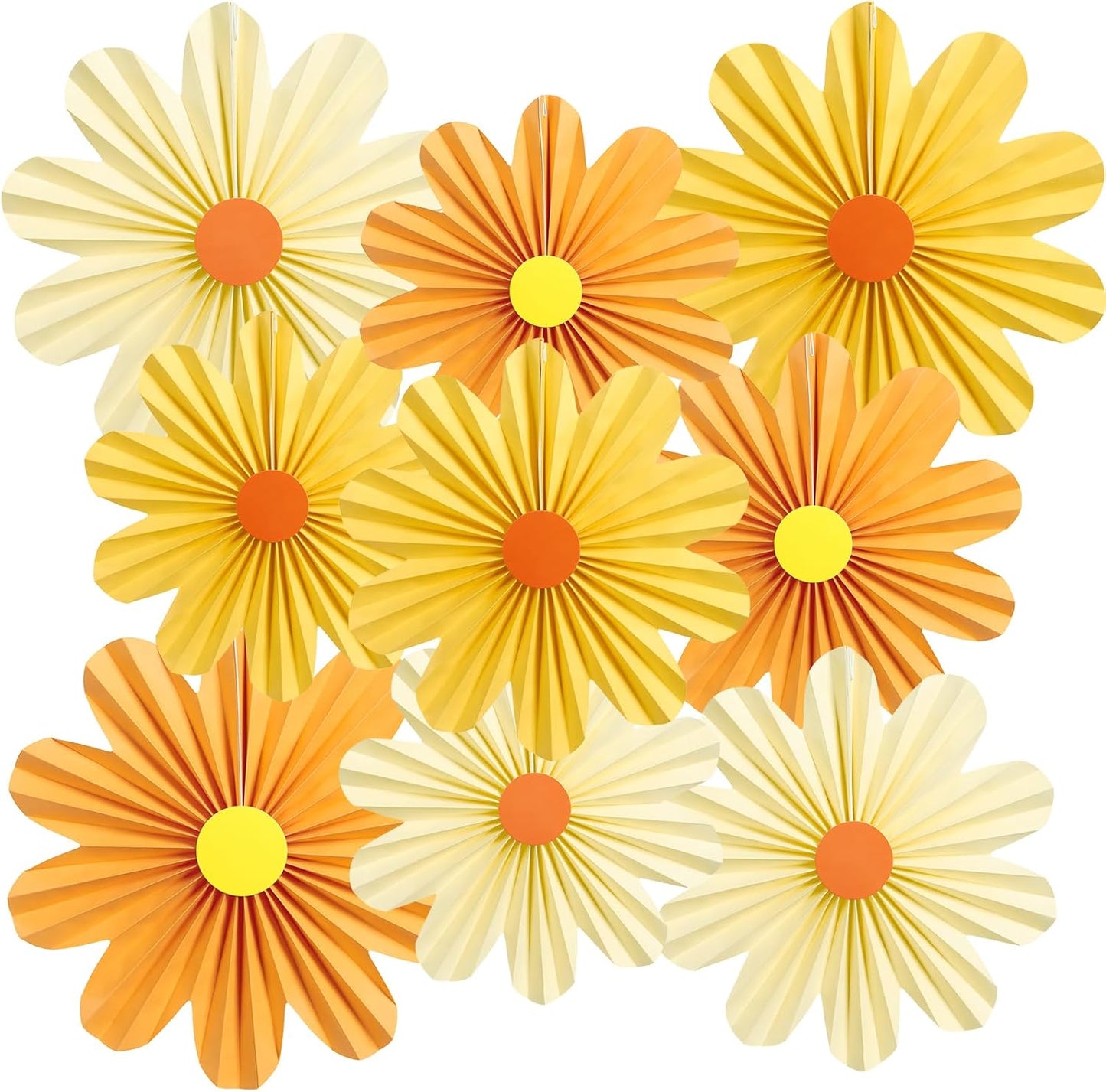 SUNBEAUTY 9 PCS Orange Paper Flowers Decorations for Wall Paper Fans Daisy Decoration Paper Floral Backdrop Decor Paper Fans Decoration