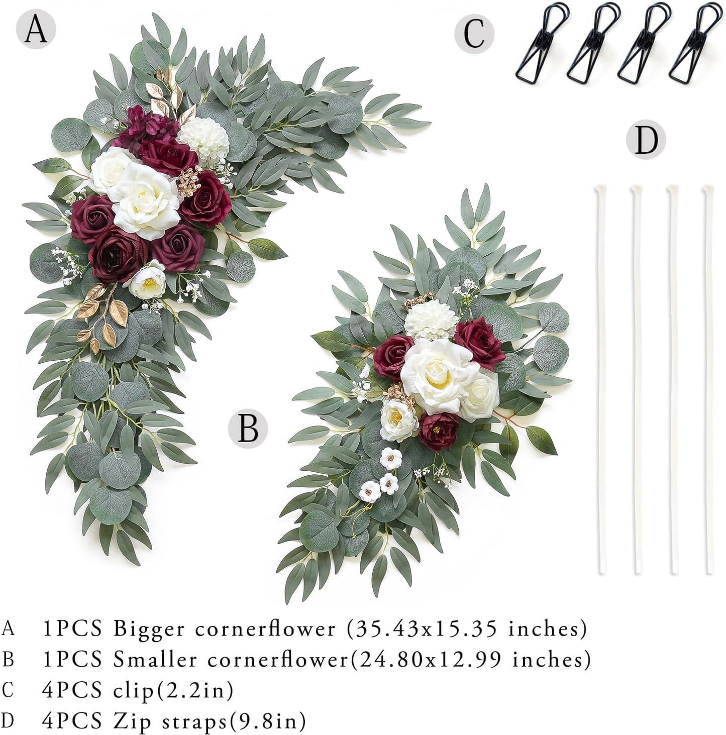 Artificial Burgundy Flower Swag Set of 2 for Wedding Welcome Signs Floral Decorations, Wedding Arch Flowers for Wedding Ceremony, Ivory Wedding Flower