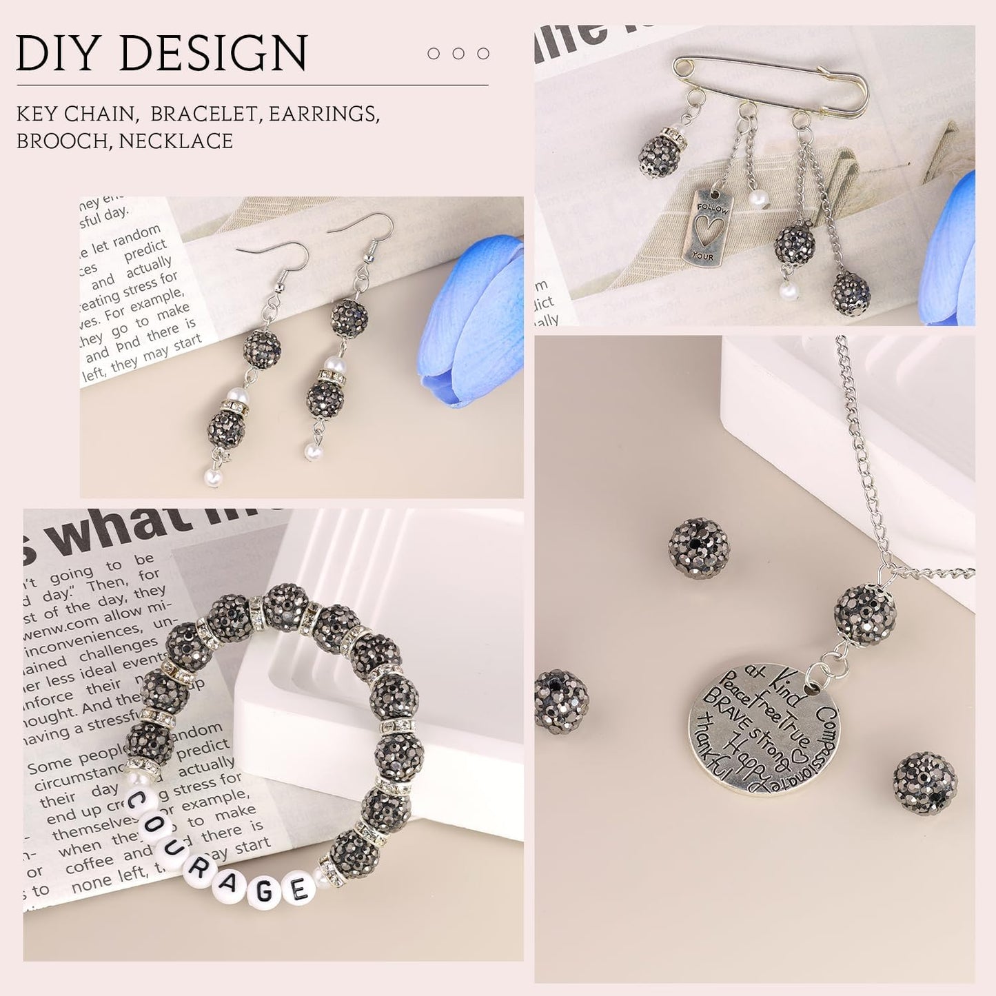 100 pcs 10mm Rhinestone Beads for Jewelry Making, Hematite Shiny Round Shamballa Disco Beads Bulk, Sparkle Crystal Clay Christmas for Bracelet Baseball Necklace Earring Crafting and DIY