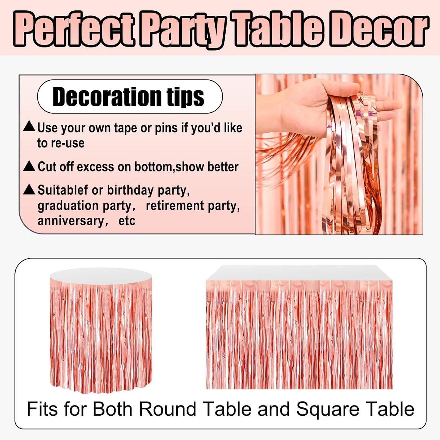 3 Pack 29x108 Inch Rose Gold Foil Fringe Table Skirts Metallic Banner for Tinsel Streamer Garland Backdrop for Parade Floats Wedding Thanksgiving Birthday Christmas Halloween Party Decoration
