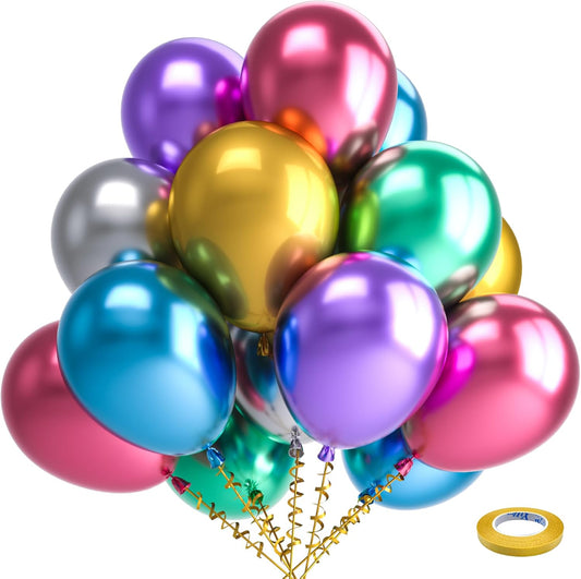 Bezente Metallic Chrome Latex Balloons, 100 Pack 12 inch Assorted Balloons Colorful Party Balloons for Birthday Bridal Shower Wedding Decorations