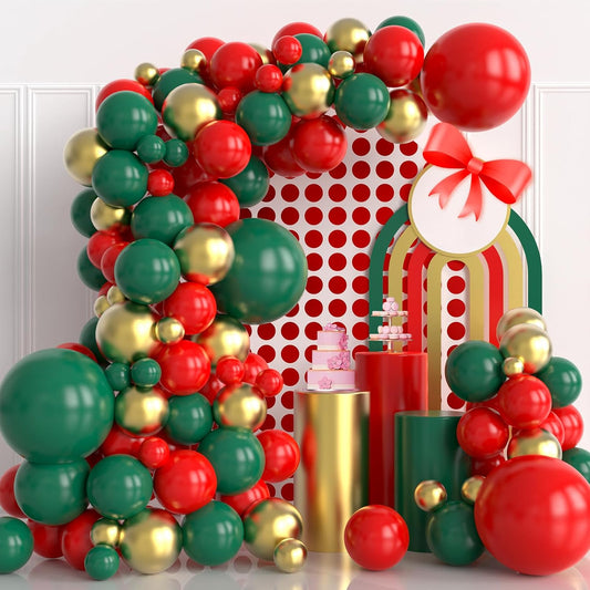 Christmas Balloons Garland Kit, 124pcs Red Green Gold Metallic Latex Balloons Arch for Christmas Party Decorations
