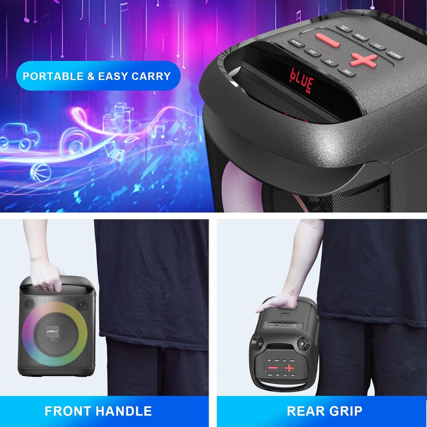 AIMAX Karaoke Machine with Bluetooth and Two Wireless Microphones, Portable Speaker for Home & Outdoor Parties, 7-Hour Battery Life, Mic/AUX/USB/TF Support, Perfect for Kids & Adults Singing