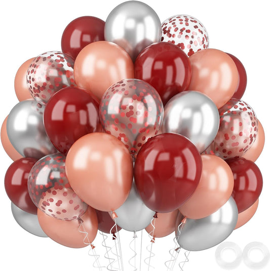 Burgundy Rose Gold Balloons, 52 PCS 12 Inch Wine Red Silver Rose Gold Latex Balloons with Confetti Balloons for Women Girls Birthday Wedding Bridal Shower Party Anniversary Decoration