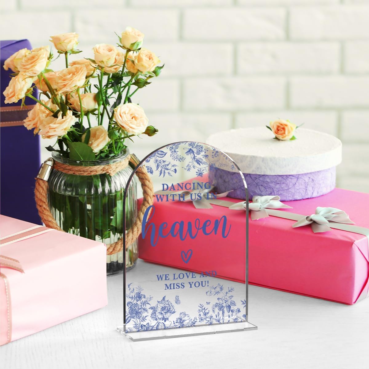 Acrylic Wedding Signs, Dusty Blue Wedding Decor, Blue Weddings Decor, Modern Calligraphy Arch Acrylic Table Top Sign for Weddings Parties Dinners - Dancing With Us in Heaven (Clear)