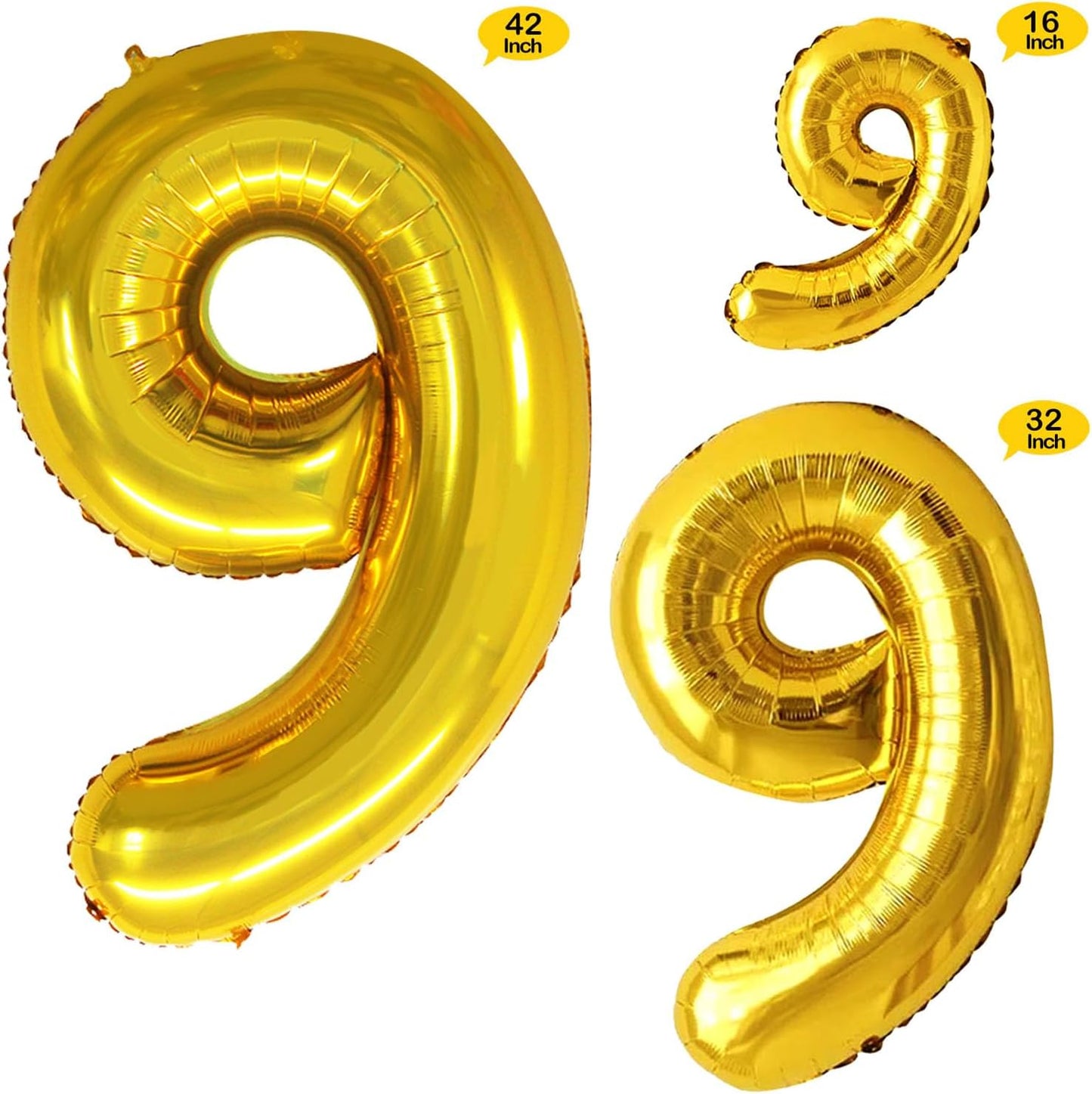 GOER Gold Foil Balloons Number 9,Huge Number Balloons for 9th 19th 29th 39th 49th Birthday Party Supplies Anniversary Decorations (3 pcs,42 inch,32 inch,16inch)