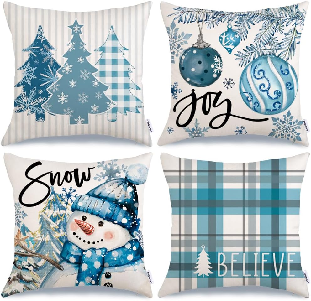 GEEORY Winter Christmas Throw Pillow Covers 18 x 18 Inch Set of 4, Xmas Trees Snowflake Snowman Joy Plaid Holiday Farmhouse Decorative Cushion Cases for Home Decoration G582-18