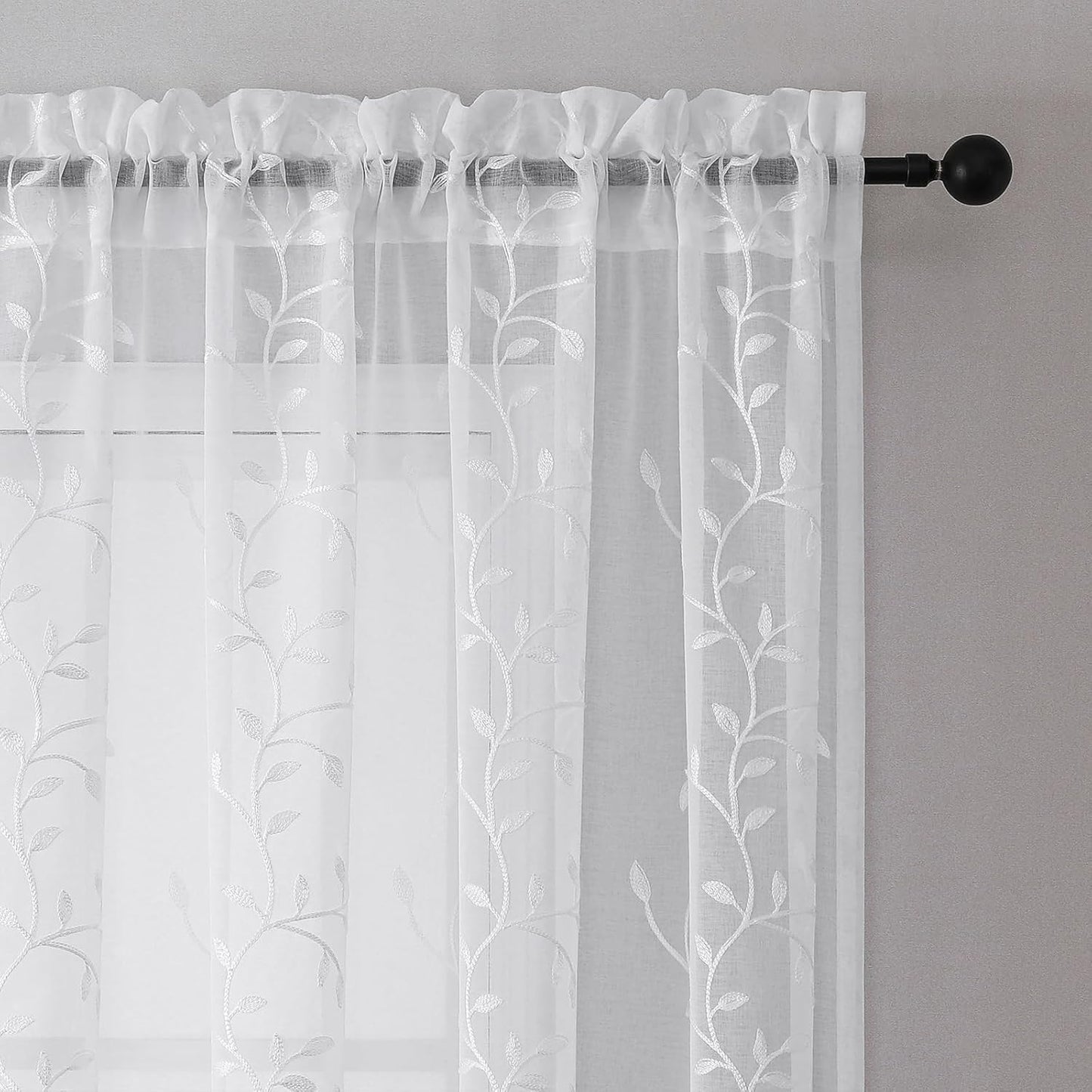 VISIONTEX White Sheer Voile Curtains, Decorative Leaves Embroidery Faux Linen Rod Pocket Window Drapes for Home Kitchen, Living Room and Bedroom 54 x 95 Inch, Set of 2 Curtain Panels