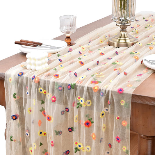 Joanlody Champagne Embroidery Daisy Fall Thanksgiving Table Runner 10ft Florals Seasonal Tulle Table Runner Holiday Kitchen Dining Table Decoration for Home Party Indoor