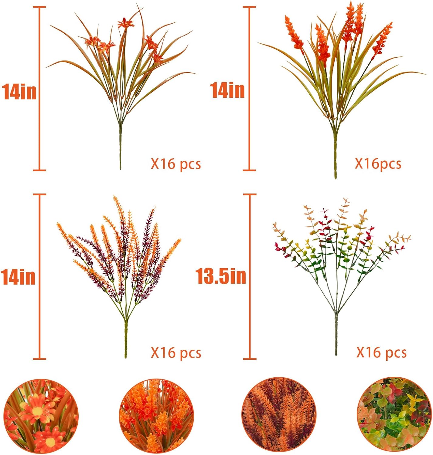 64 Pcs Outdoor Fall Flowers UV Resistant Faux Fall Plants with Fall Daisy Eucalyptus Lavender Artificial Autumn Flowers Greenery for Outside Home Porch Patio Thanksgiving Decoration