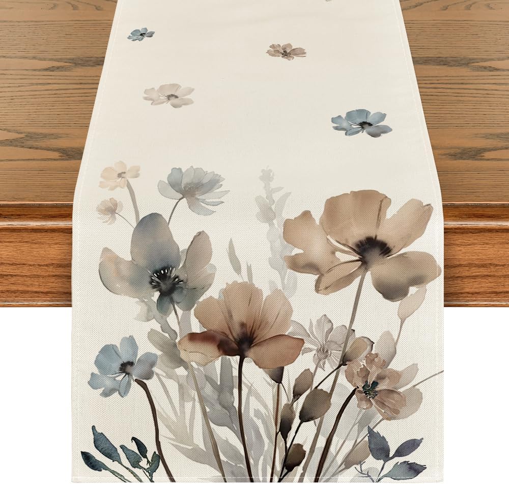 Artoid Mode Brown Poppy Floral Leaves Spring Table Runner, Seasonal Summer Kitchen Dining Table Decoration for Home Party Decor 13x120 Inch